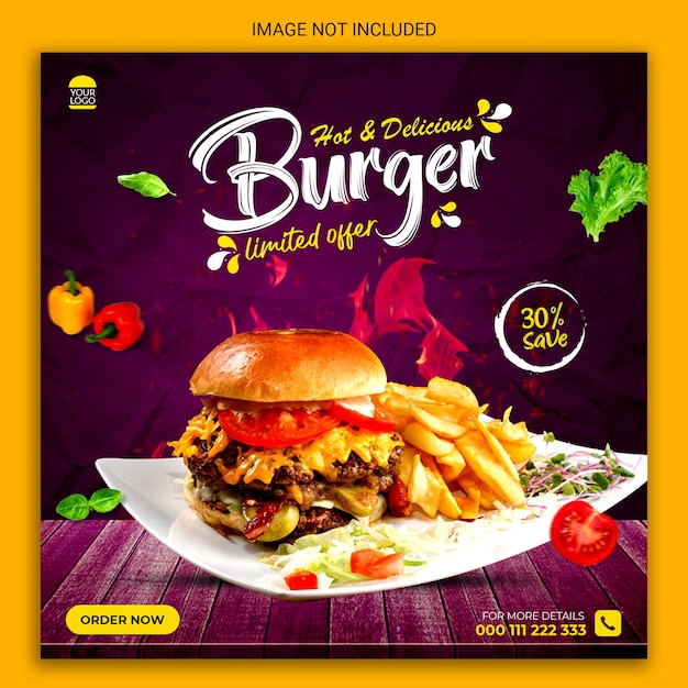 hot and delicious burger social media template design