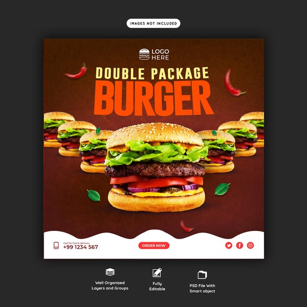 Hot and Delicious Burger in the Town Social Media Banner Template