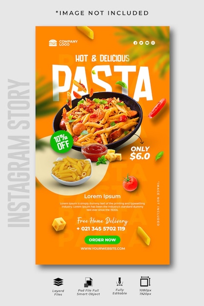 Hot &amp; Delicious Pasta and Food Social Media Promotion and Instagram Banner Story Template