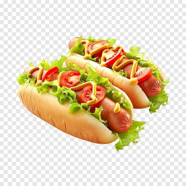 Hot dog with lettuce tomatoes and mustard isolated on a transparent background