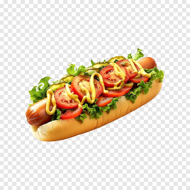 PSD a hot dog with lettuce tomatoes and mustard isolated on a transparent background