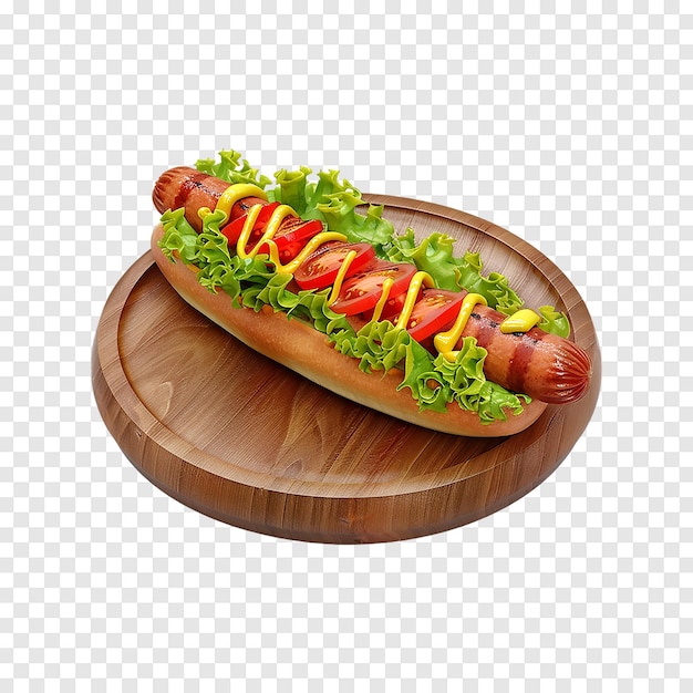 A hot dog with lettuce tomatoes and mustard isolated on a transparent background