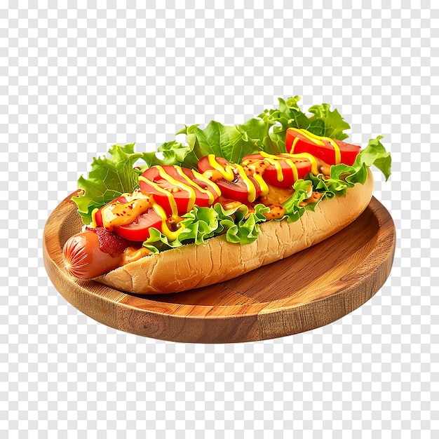 A hot dog with lettuce tomatoes and mustard isolated on a transparent background