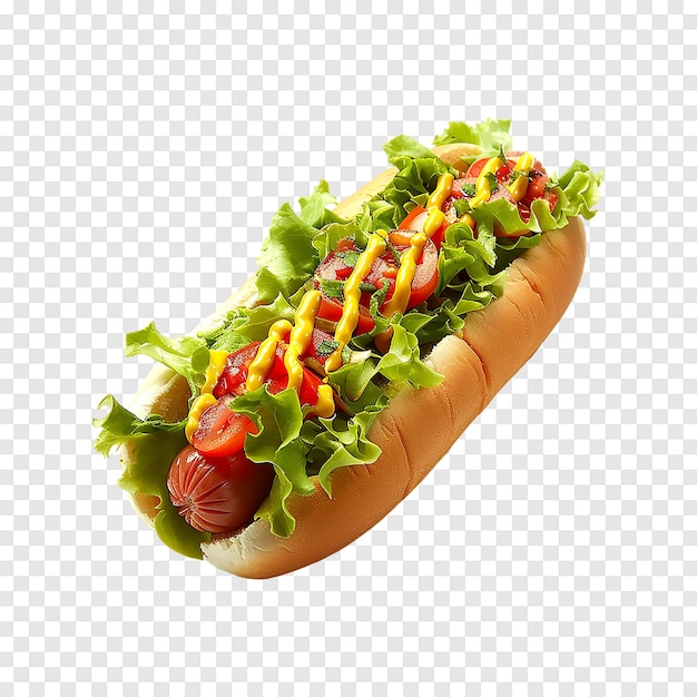 A hot dog with lettuce tomatoes and mustard isolated on a transparent background