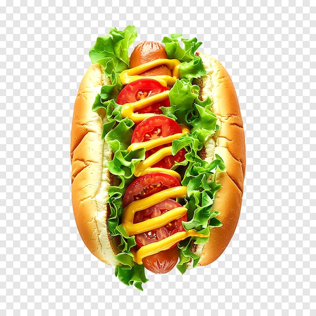 A hot dog with lettuce tomatoes and mustard isolated on a transparent background