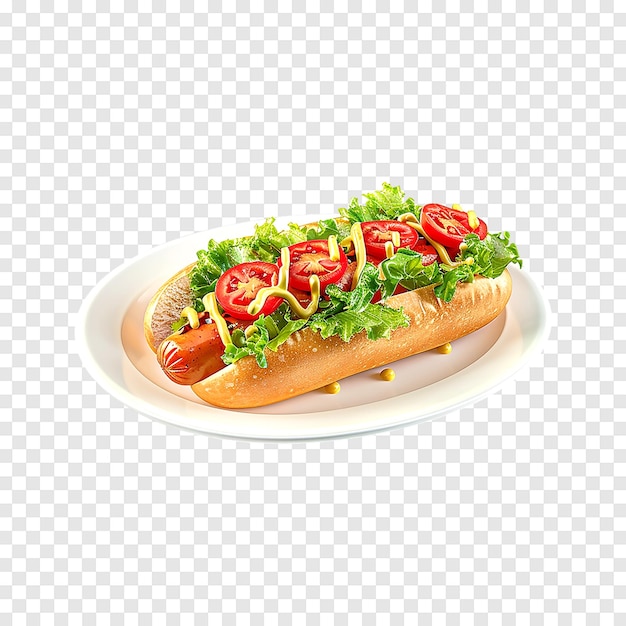 A hot dog with lettuce tomatoes and mustard isolated on a transparent background