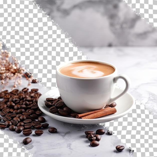 Hot drink concept with a black coffee mug and coffee beans on a gray marble background suitable for inscription transparent background