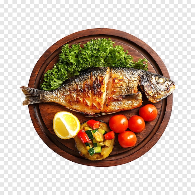 Hot fried fish with colorful vegetables isolated on a clean transparent background