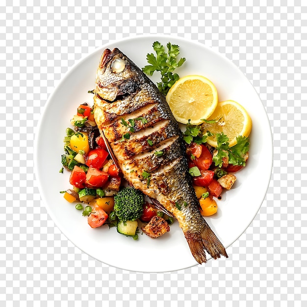 Hot fried fish with a selection of vegetables isolated on a clear transparent background