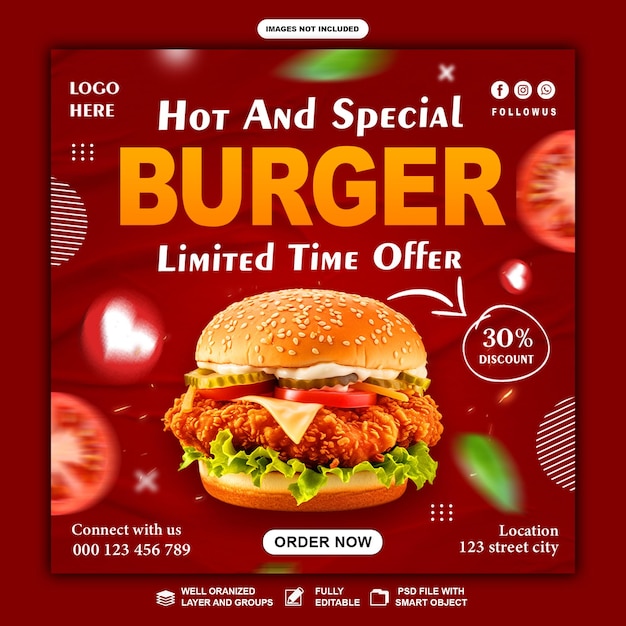 Hot And Special Burger Social Media Instagram Post Banner Design Template