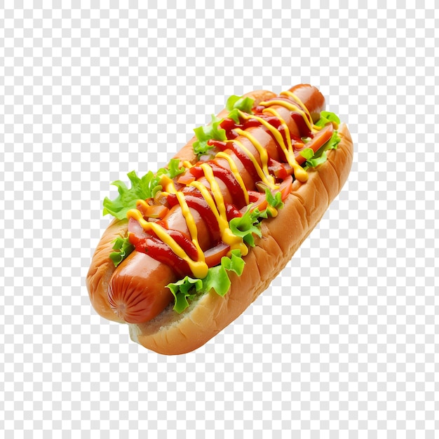 Hotdog topped with sauce and mustard isolated on transparent background