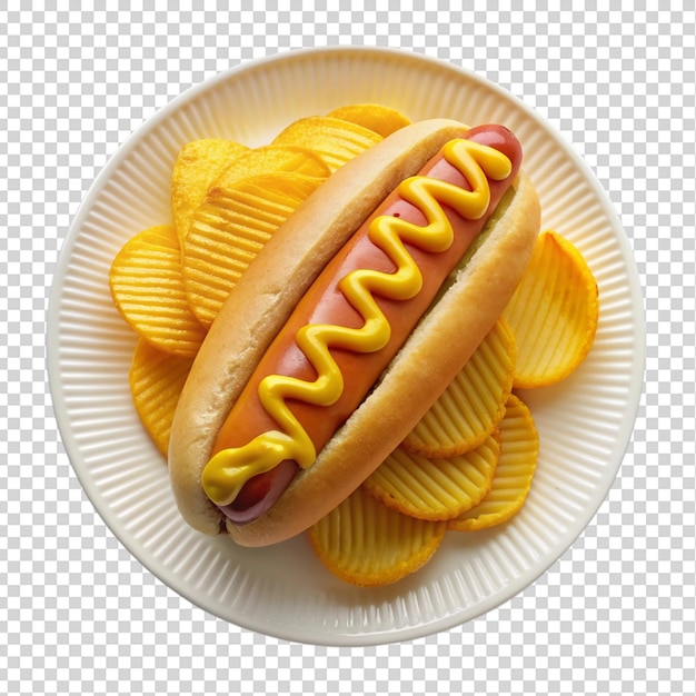 PSD hotdog with mustard and potato chips on white plate on transparent background