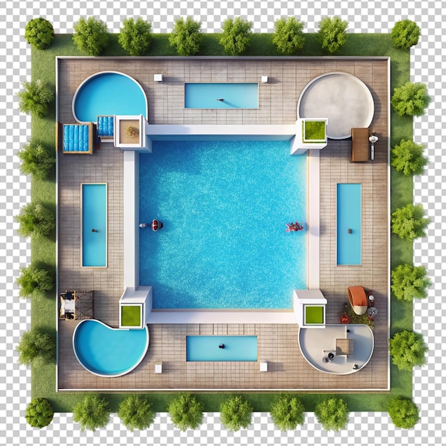 PSD hotel swimming pool with rest accessory top view water activity tropical resort recreation lounge area with deck chair table under palm tree