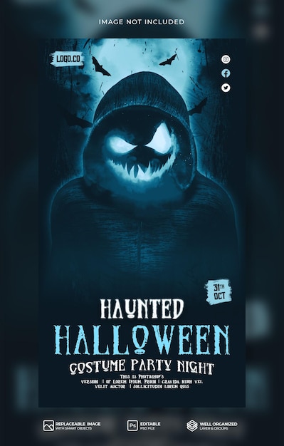 Hounted Halloween Costume Party Night social media banner and instagram Story template Premium Psd