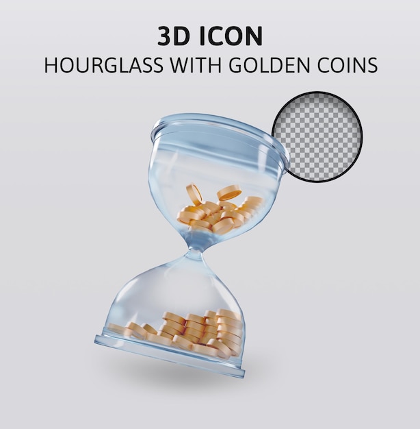 PSD hourglass with golden coins 3d rendering illustration