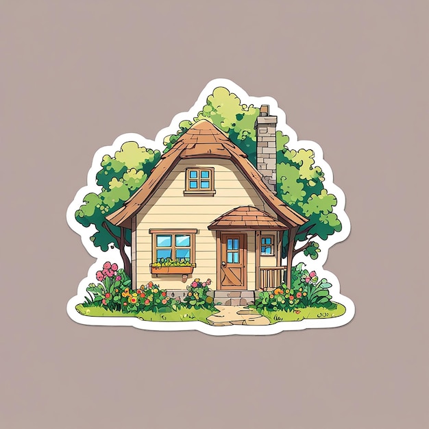 PSD house cartoon doodle full of tree and flower sticker