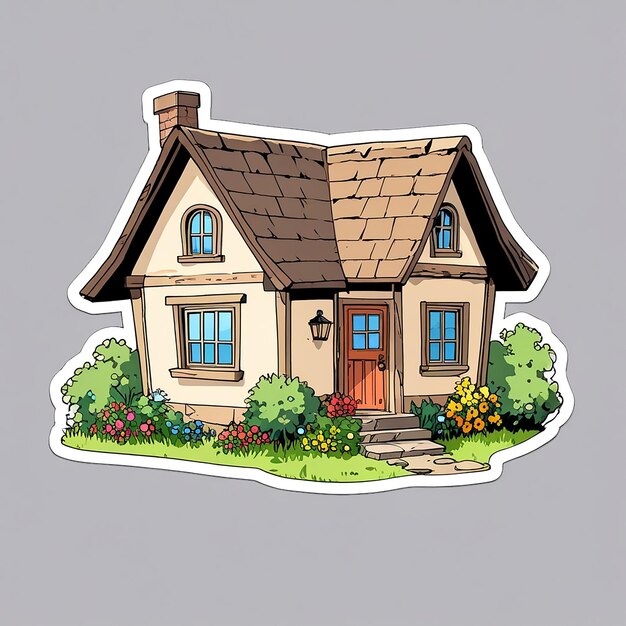 PSD house cartoon doodle full of tree and flower sticker