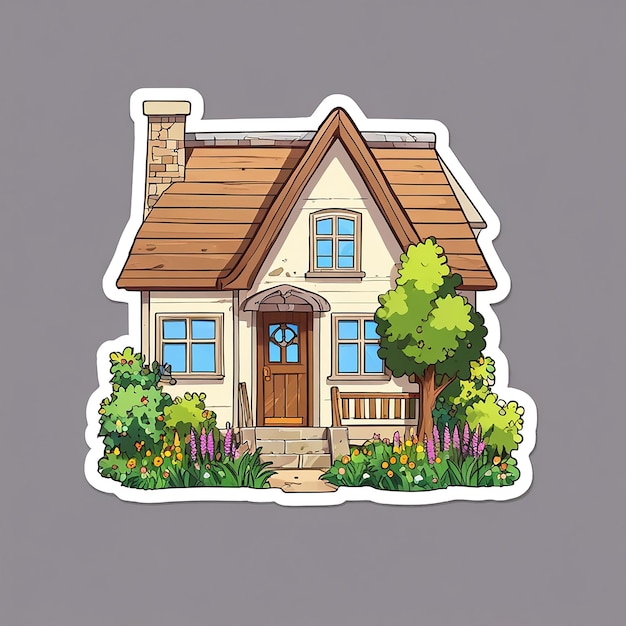 PSD house cartoon doodle full of tree and flower sticker