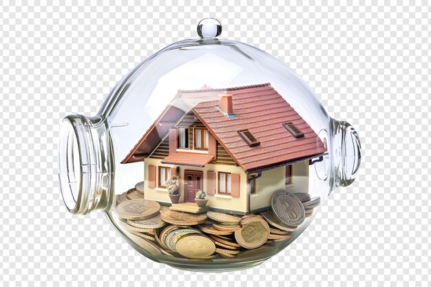 PSD house and coins inside isolated on transparent background