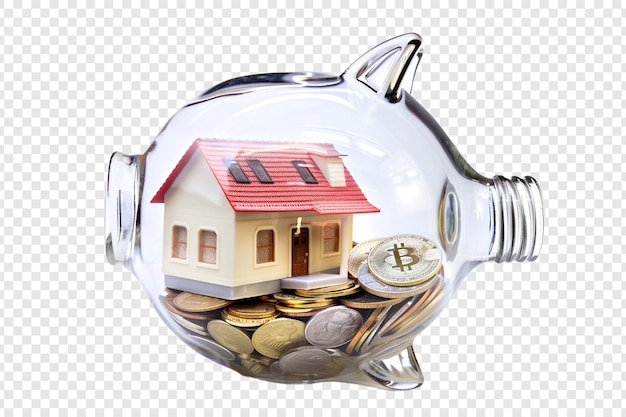 PSD house and coins inside isolated on transparent background