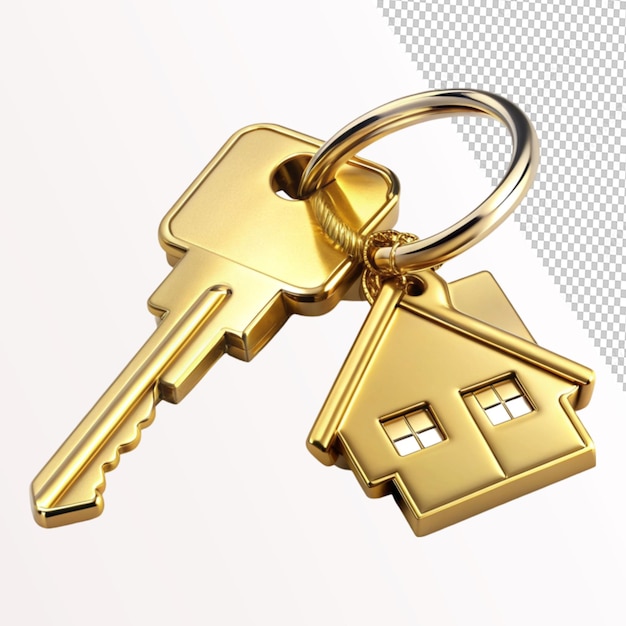 house key pair with gold metal house shaped keyring on transparent background