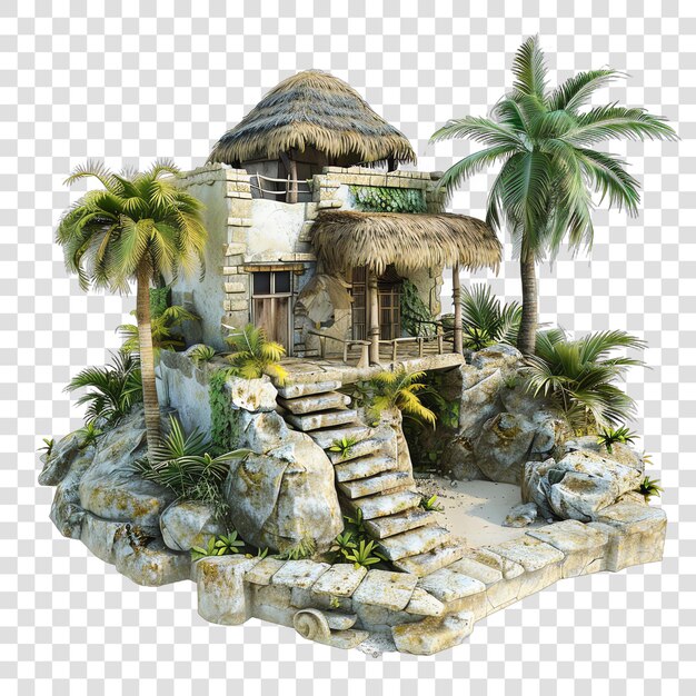 PSD a house made of stone with palm trees and a palm tree