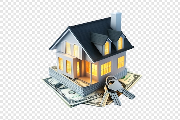 PSD house on money with keys on a transparent background