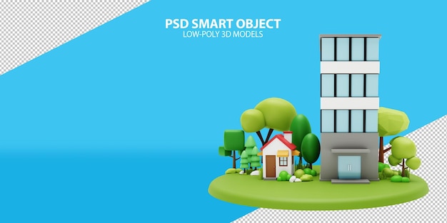 House and office PSD smart objects on gradient background 3d rendering image of low poly models