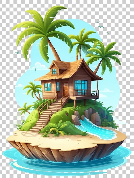 PSD a house on a small island with palm trees on a white background