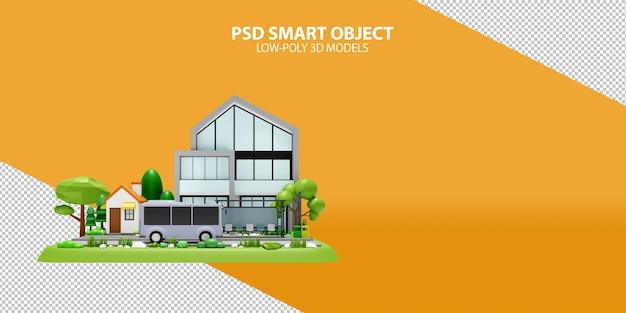 House with bus stop PSD smart object on gradient background 3d rendering image of low poly objects