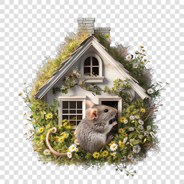 PSD house with cute baby mouse and wild flowers realitic