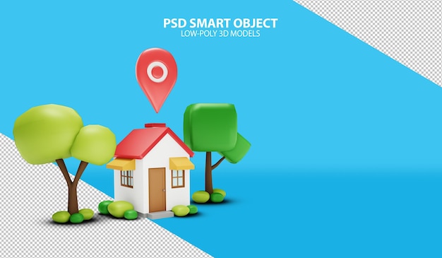 House with map pin PSD smart objects on gradient background 3d rendering image of low poly models