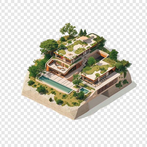 PSD a house with a pool and a house on a white background