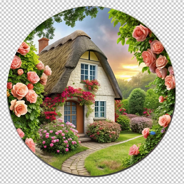 PSD a house with a round window and a flower pot on the front