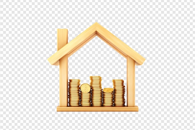 House with stacked coins representing savings isolated on a transparent background