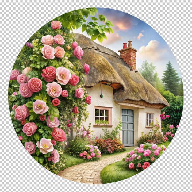 PSD a house with a thatched roof and roses on it