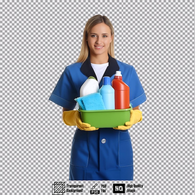 PSD housekeeper in work attire holding cleaning supplies standing and facing forward