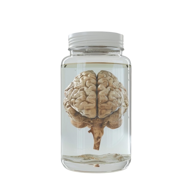 PSD a human brain preserved in a glass jar filled with liquid