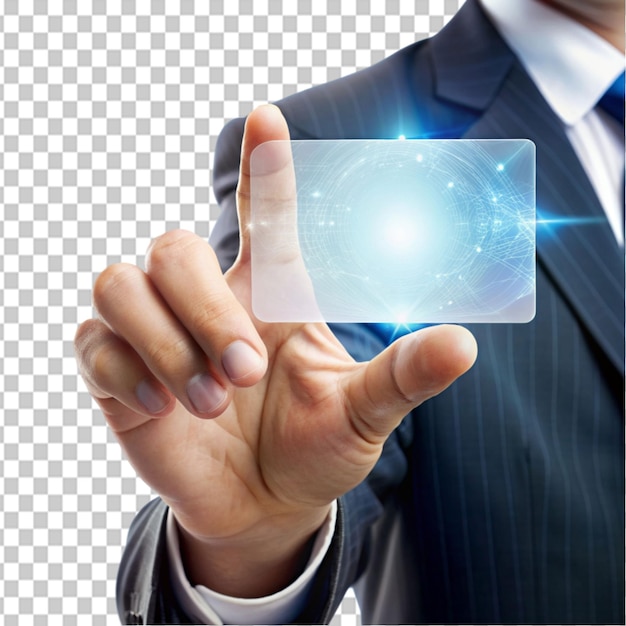 PSD human hand holding futuristic business card on transparent background