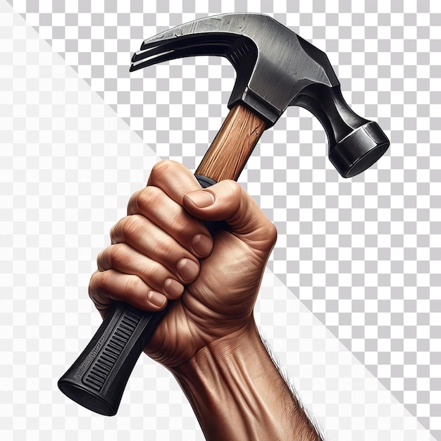 Human hand holding a hammer isolated on a transparent background