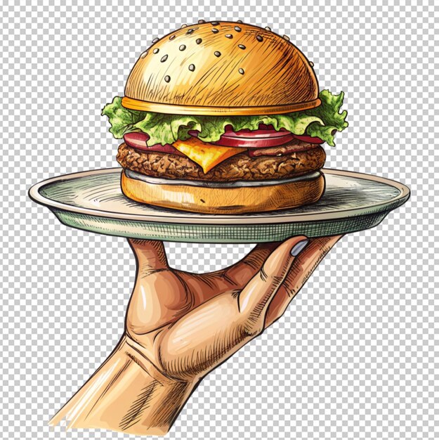 PSD human hand holding plate of hungry burger