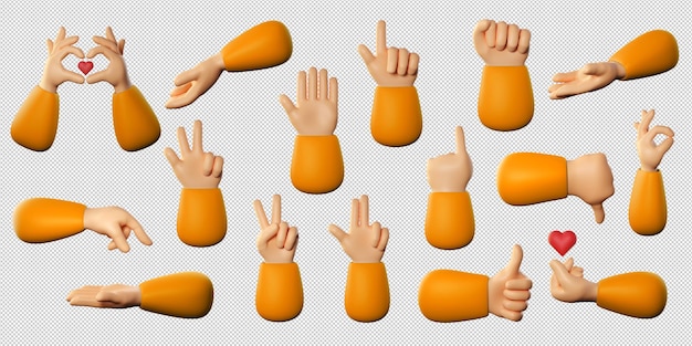 Human hands set in 3d cartoon style. Different fingers gesture for business and product concept.