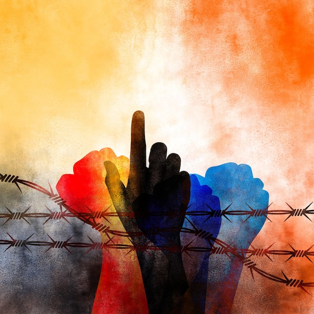 Human Rights Day concept of refugee hands rising and barbed wire on the watercolor background