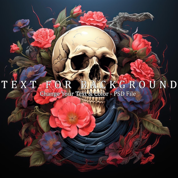 PSD human skull adorned with pink and blue flowers