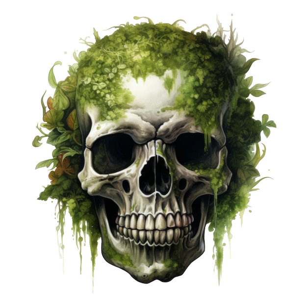 PSD human skull overgrown with moss and vines