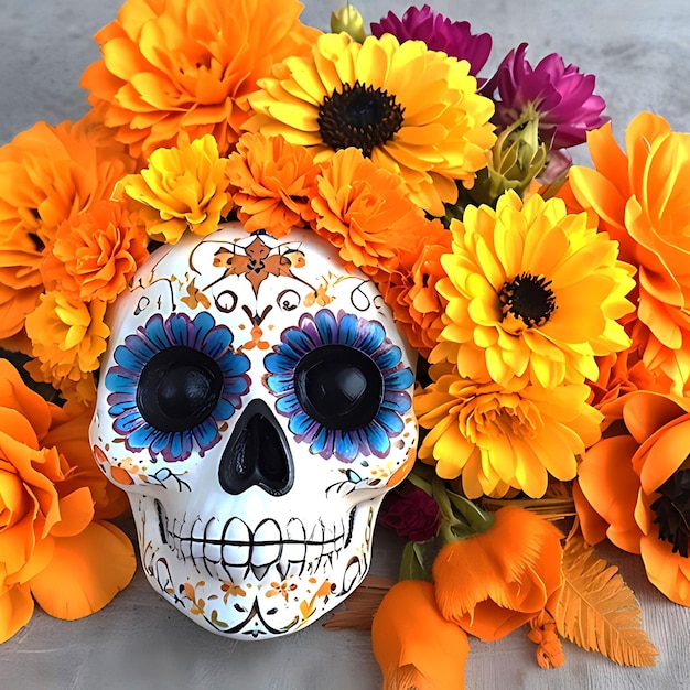 PSD human skull with flowers day of the dead concept