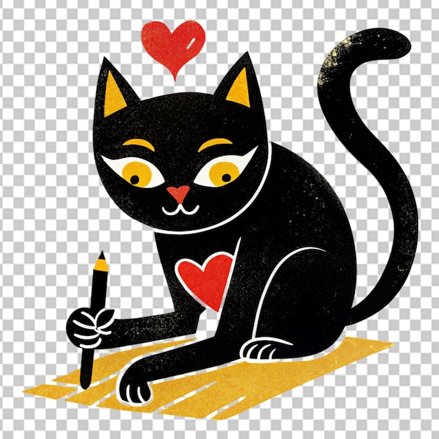 PSD an humanized yellow eyed black cat in love handwrit transparent background