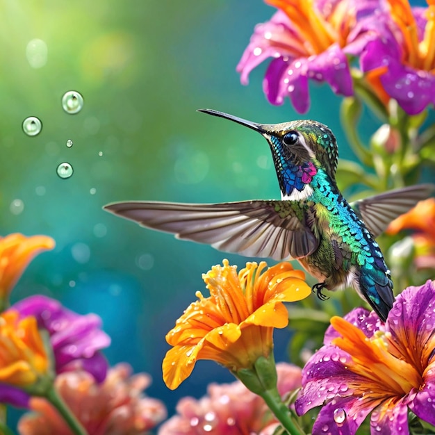 a hummingbird sits on a flower with colorful flowers