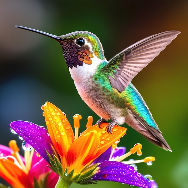 PSD a hummingbird sits on a flower with colorful flowers