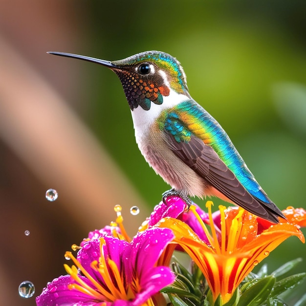 PSD a hummingbird sits on a flower with colorful flowers